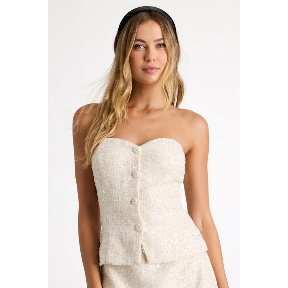 Lulus Brionee Ivory Tweed Sequin Button-front Strapless Top White - Size XS